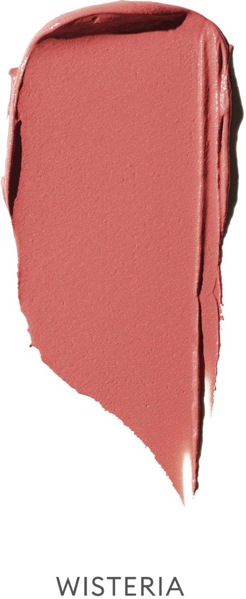 Ein Streifen von pinklich-brauner Schminke, butterartige Textur, auf weißem Hintergrund.