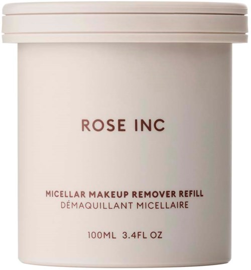 Ett vitt glas med rosa text, märkt som en refill för micellär makeupborttagning av Rose Inc, innehållande 100 ml.