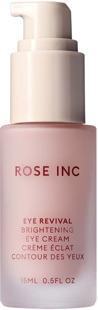Liten ljusrosa flaska med vit pump märkt 'Rose Inc' för ögonupplysande kräm.
