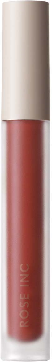 Ein flüssiger Lippenstift in klarer Tube mit beigem Deckel, mit "ROUGE" beschriftet.