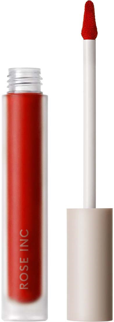 Roter Lippenstift mit weißem Applikator und Deckel, beschriftet "ROSE INC" auf der Tube.
