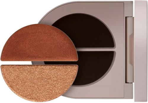 Eine Makeup-Palette mit drei Farben: mattbraun, schimmerndes Gold und glitzerndes Bronze.