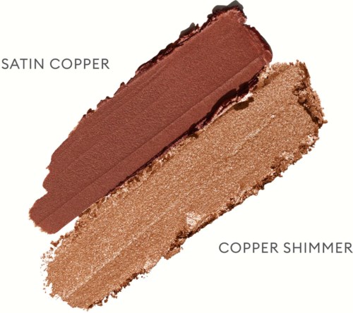 Zwei Bronze-Nuancen auf weißen Hintergrund, gekennzeichnet als 'Satin Copper' und 'Copper Shimmer.'