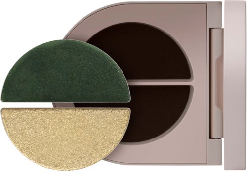 Eine runde Lidschattenpalette mit grünen, goldenen und braunen Farbtönen.