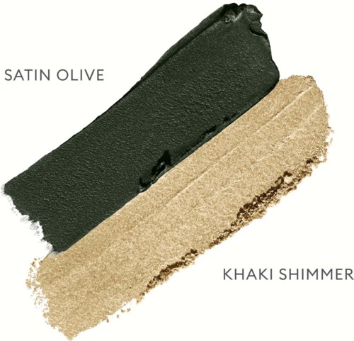 Satin Olive und Khaki Shimmer-Proben mit Etiketten. Farben sind Dunkelgrün und Beige mit Glanzeffekt.