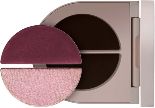 Ein Make-up-Kompakt mit dunkelroten, hellrosa und beigen Puder, mit Spiegelklappe.