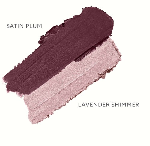 Zwei Make-up-Töne: dunkler Pflaumen-Satin und heller Lavendel-Sha shimmer. Texte zeigen die Finishes.