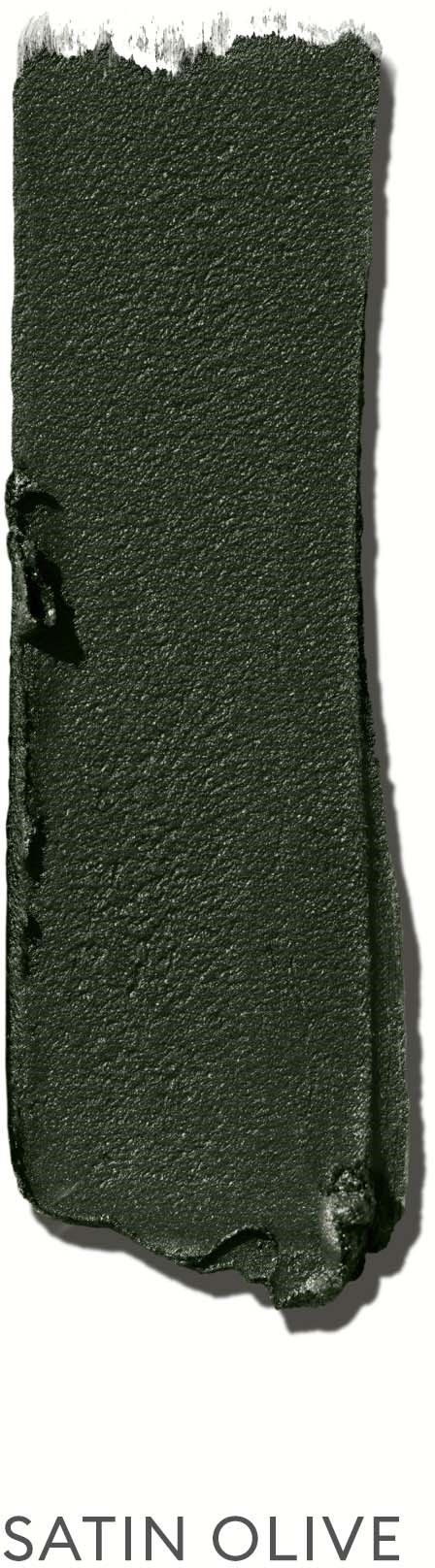 En lång, smal remsa av mörkgrön färg märkt "SATIN OLIVE," med några ojämna kanter och ojämn yta.