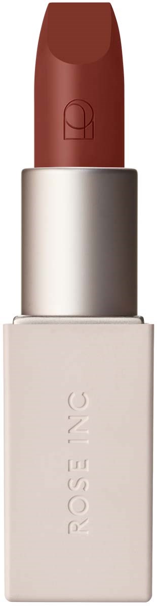 Ein Lippenstift mit weißer Basis und bräunlich-roter Farbe. Markenname 'ROSE' ist auf der Basis.