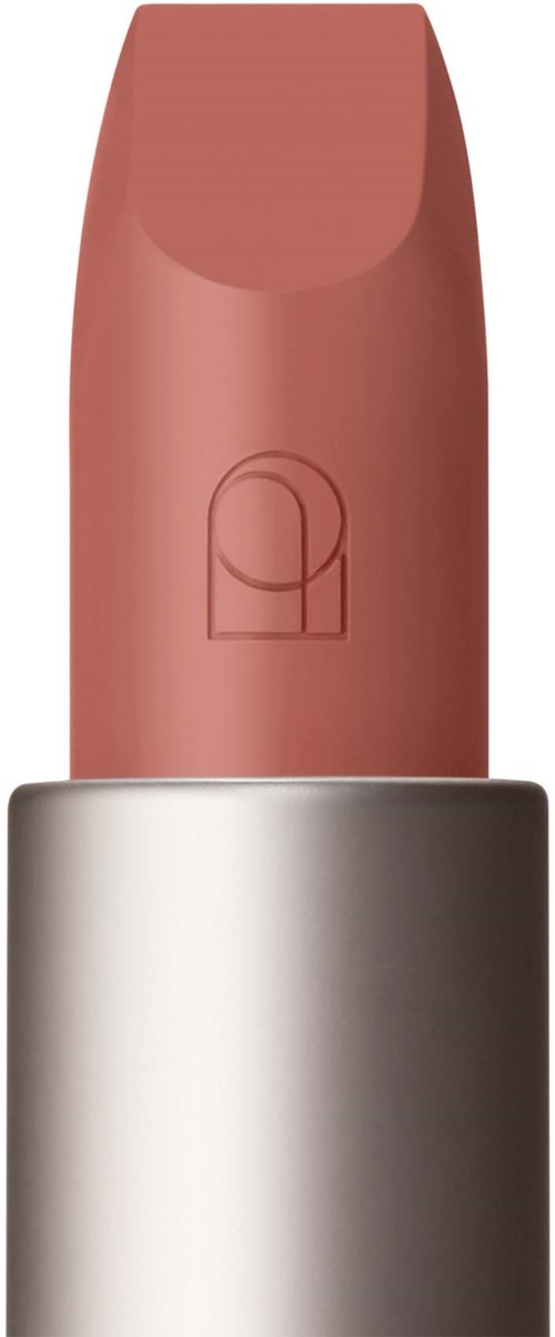 Ein Lippenstift in sanftem Pink, in einer silbernen Hülse mit einfachem, modernem Design.