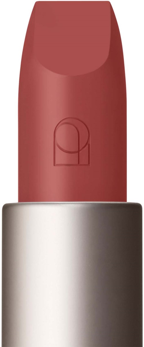 Nahaufnahme eines Lippenstifts mit silberner Basis und rosa Farbe, leicht abgerundete Spitze.