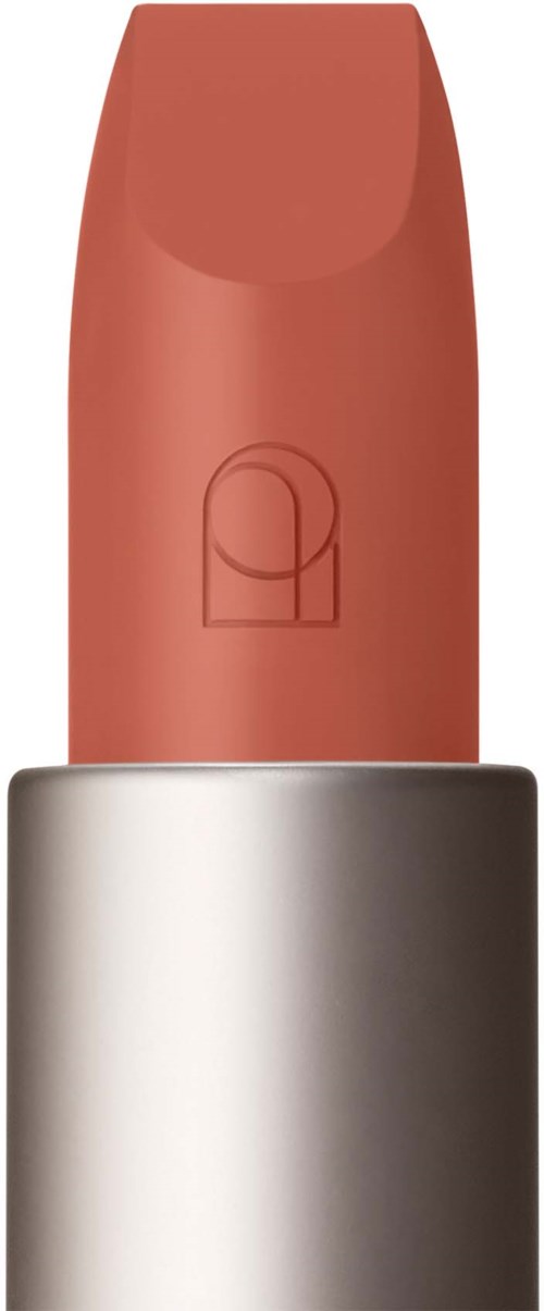 Ein Lippenstift in rosa Farbton mit Silberhülse, leicht glänzend, mit einfachem Logo oben.