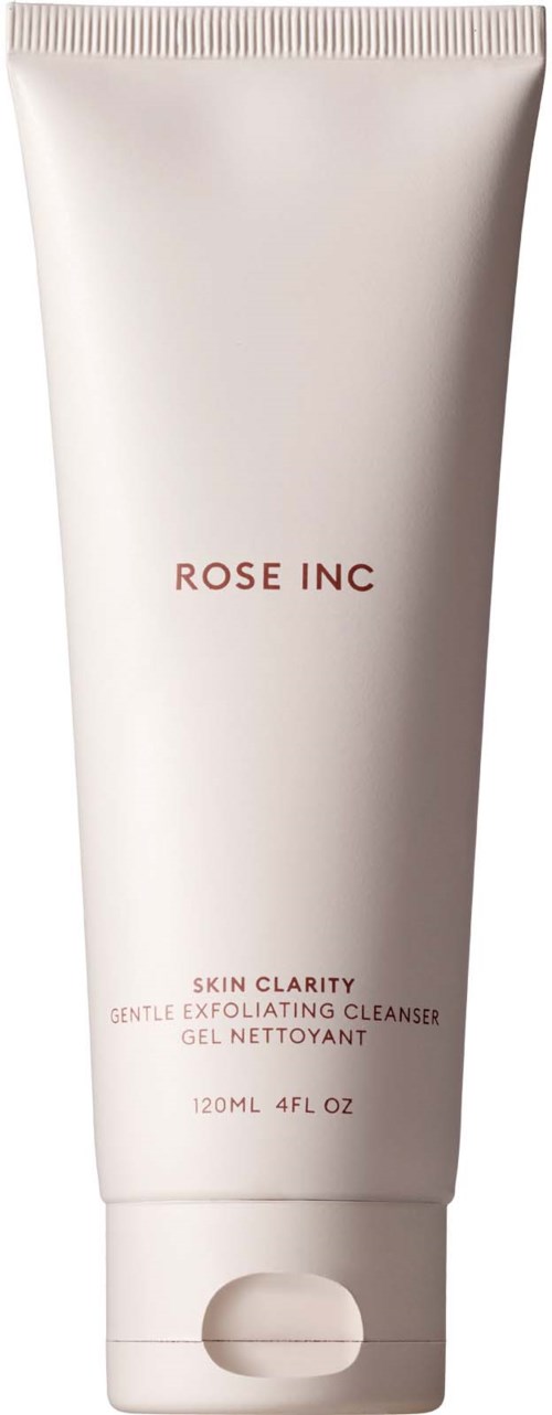 En vit tub märkt 'Rose Inc' med rosa text för en exfolierande hudrengöringsgel.