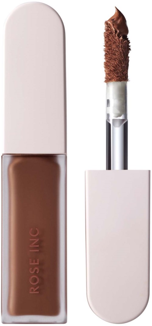 En flytande concealer med rosa lock och en applikator med brun produkt.