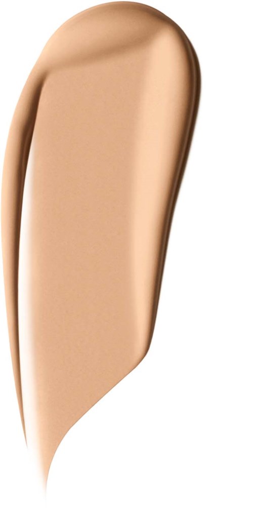 Eine beige flüssige Foundation mit glatter, gebogener Form und glänzendem Finish.