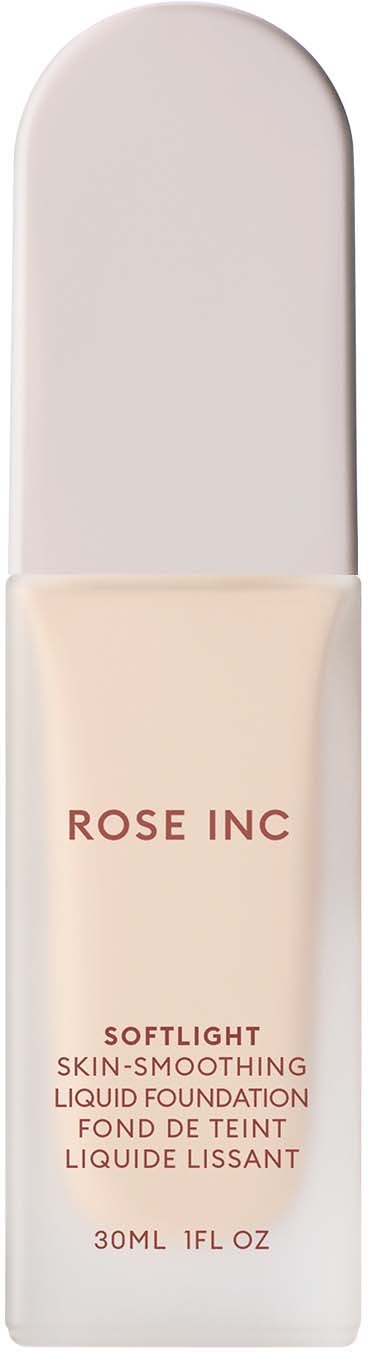 Valkoinen pullo pyöreällä kannella, merkintä 'ROSE INC' ja 'Softlight skin-smoothing liquid foundation'.