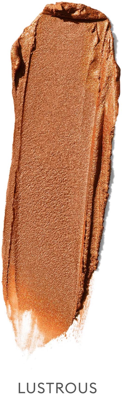 Ein metallischer, bronzefarbener Lidschatten-Probe mit Schimmer, ungleich verteilt, mit 'Lustrous' beschriftet.