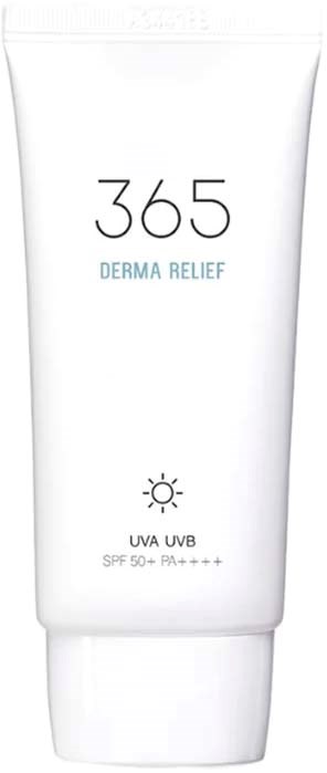 A white tube with black text, labeled 365 Derma Relief, shows sunscreen with SPF 50 and UVA UVB protection.