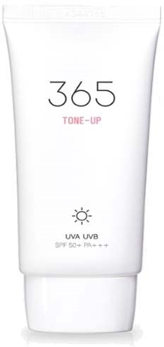 A white tube with black and pink text, showing SPF 50 and UV protection, labeled '365 TONE-UP'.