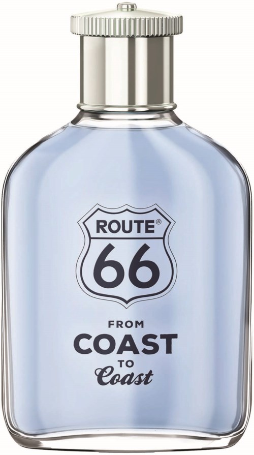 En klar glasflaska med en etikett som säger 'Route 66 från kust till kust' och en silverlock.