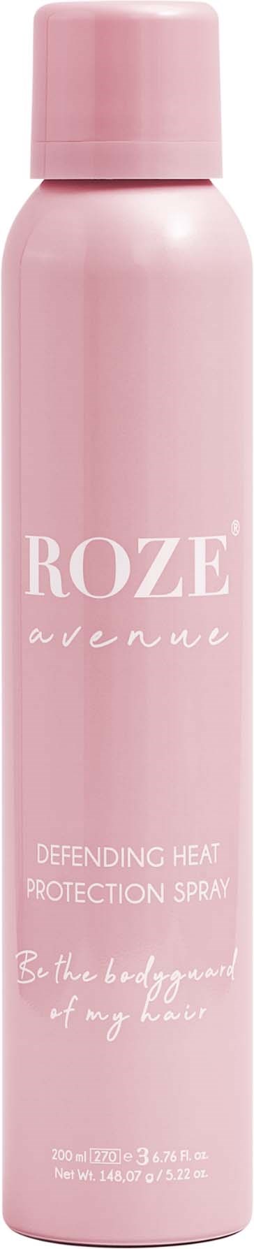 En lang lyserød flaske med låg, mærket 'ROZE avenue' til varmebeskyttende spray, 300 ml størrelse.