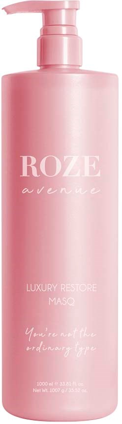 En rosa flaske med pumpe, merket 'ROZE avenue' og beskrives som luksus gjenopprettende maske. Den sier 'You're not alone ending free.'