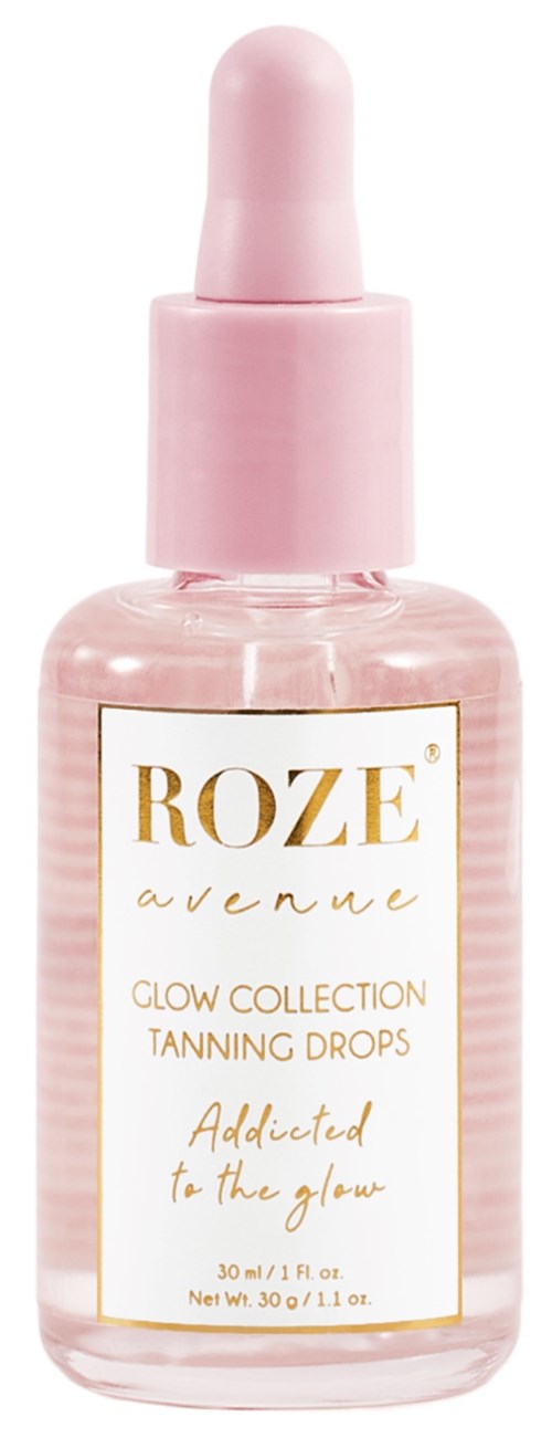 En rosa flaska med pipettlock märkt 'ROZE avenue' för brännadstillskott, del av ett glow-kollektion.