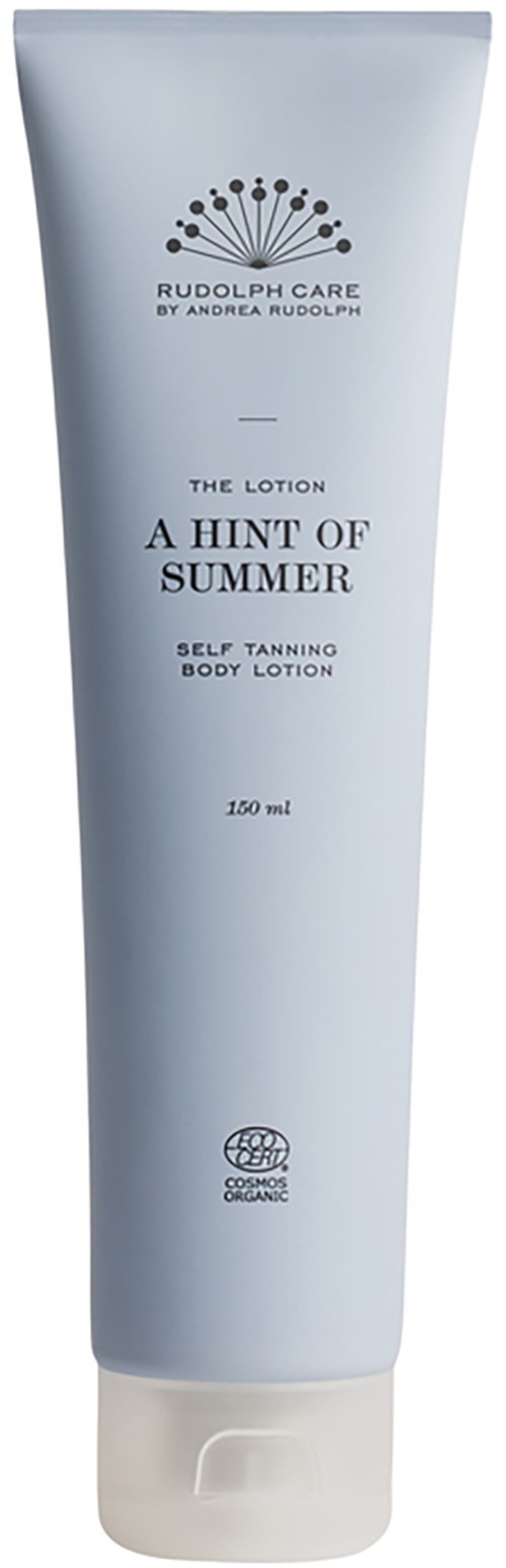 Weiße Körperlotion-Tube mit schwarzem Text und Logo für Rudolph Care, beschriftet "A Hint of Summer" für Selbstbräuner.