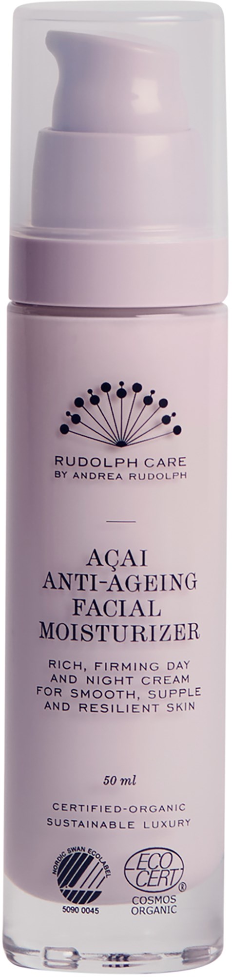 Vaaleanpunainen kasvovoidepullo pumpulla, etiketissä "Acai Anti-Ageing Facial Moisturizer" ja ekologiset sertifikaatit.