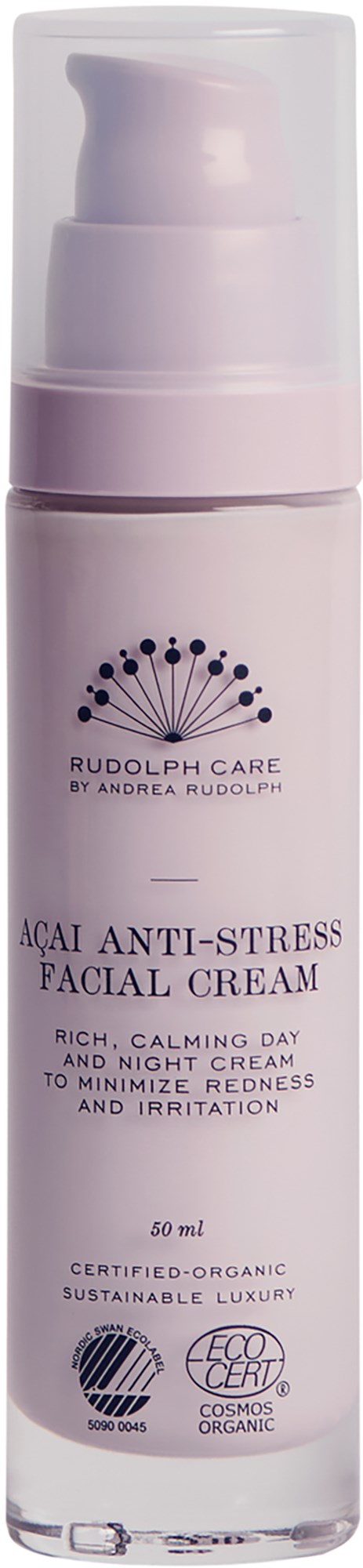 En rosa flaska med ansiktskräm med pump, märkt som acai anti-stress ansiktskräm, avsedd att minska rodnad och irritation.