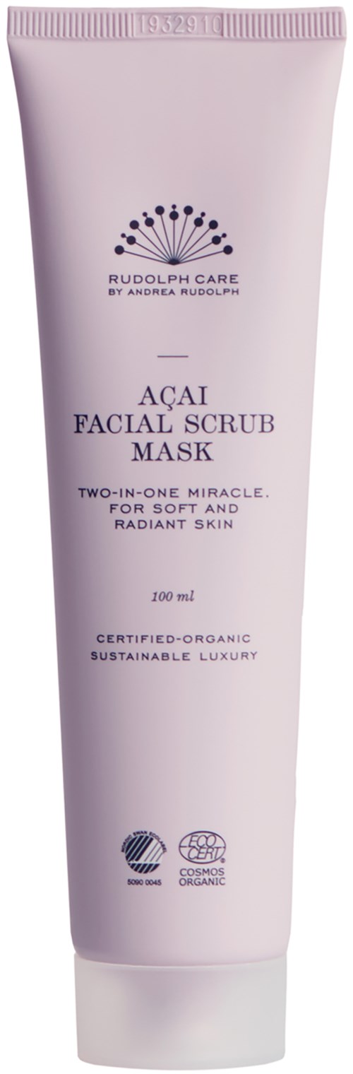 En rosa tub av Acai Facial Scrub Mask från Rudolph Care, med fokus på organiska, hållbara ingredienser och vård av huden.