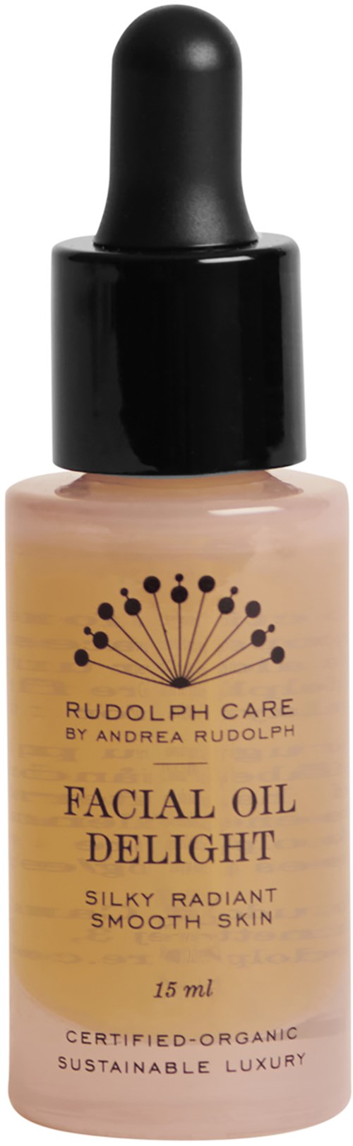 En liten flaska med ansiktsolja med pipett, märkt Rudolph PH Care Facial Oil Delight, för jämn, strålande hud.