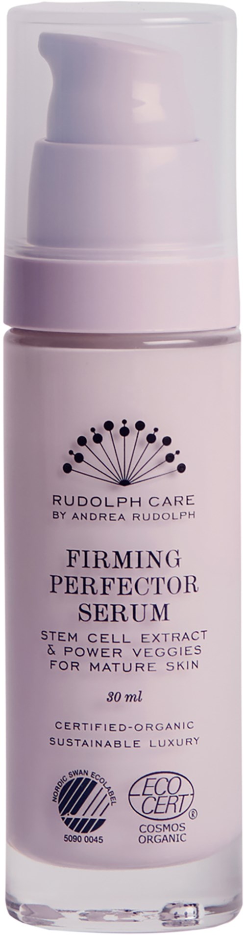 En rosa flaska med pump, märkt 'Firming Perfector Serum' för mogen hud, med växtextrakt och ekologiska ingredienser.