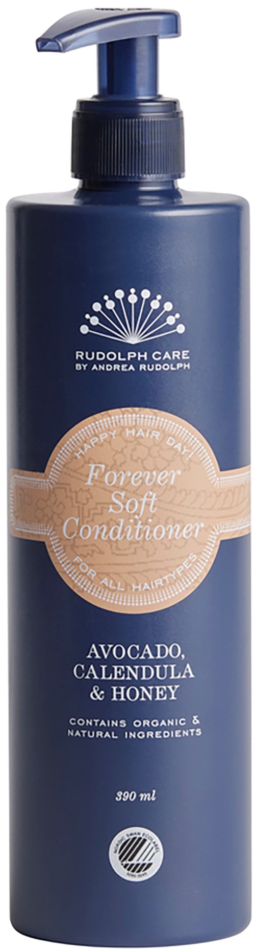 En mörkblå flaska med hårbalsam med pump, märkt "Forever Soft Conditioner" med avokado, kalendula och honung.