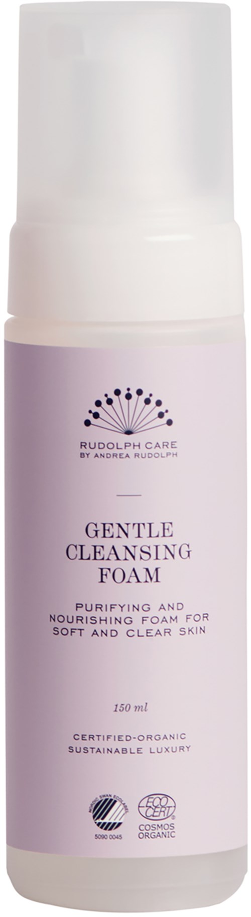 En vit flaska med en lila etikett som säger 'Gentle Cleansing Foam' och har logotyper längst ner.