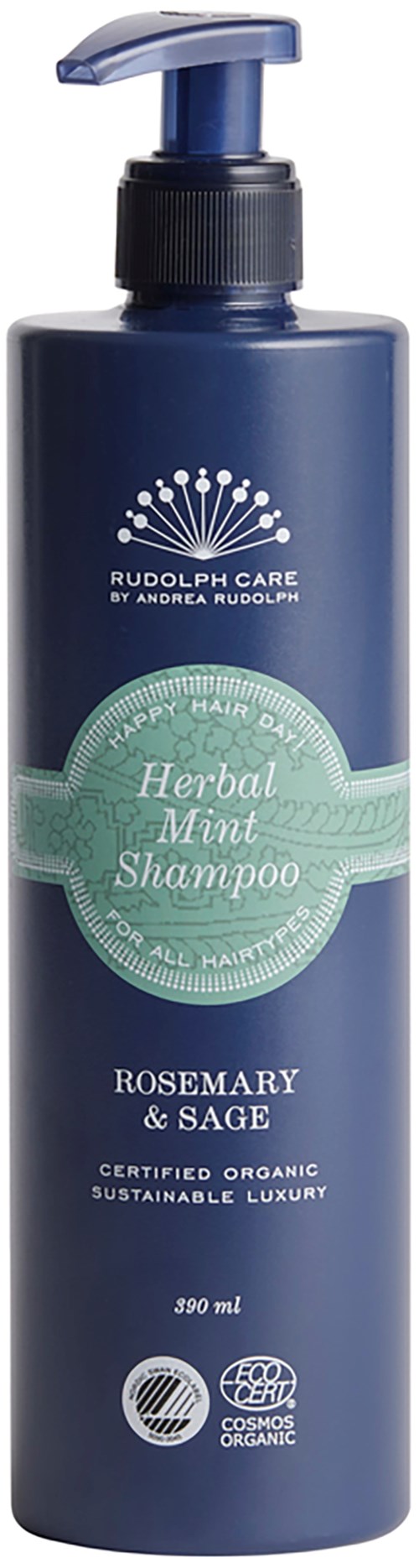 En mørk blå flaske med pumpe, mærket "Herbal Mint Shampoo" og indeholder rosmarin og salvie.