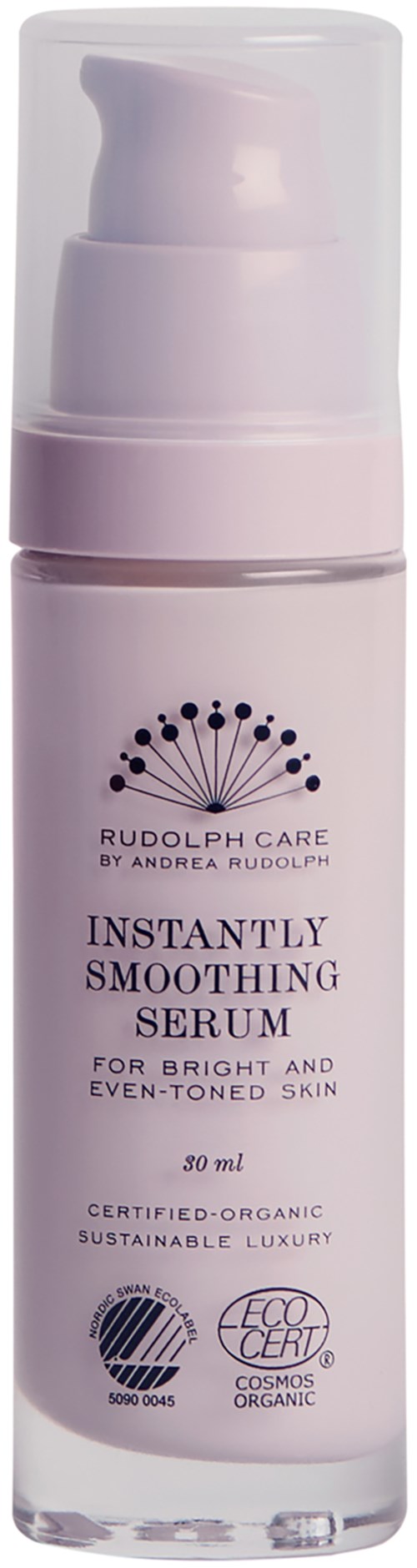 En ljuslila flaska med pump märkt 'Rudolph Care Instant Smoothing Serum' för klar och jämn hud.