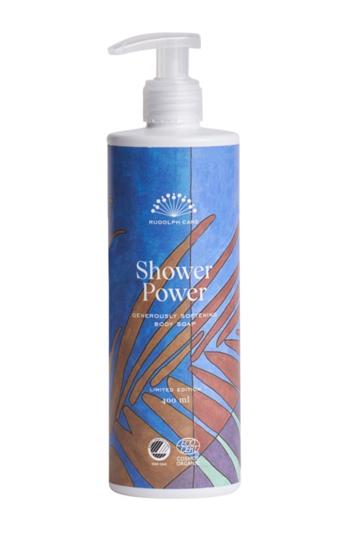 A white pump bottle with a blue and purple label saying 'Shower Power' and showing a leaf design.