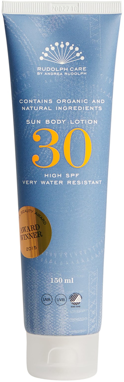 Blå solskyddsmedelstube med stor gul '30' och solskyddsinformation. Innehåller ekologiska ingredienser, vattentålig, 150 ml.