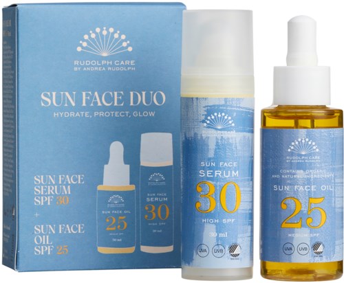 En blå förpackning med solfläck duos med solskydd och olja, samt flaskor med ansiktsserum och olja med SPF-märken.