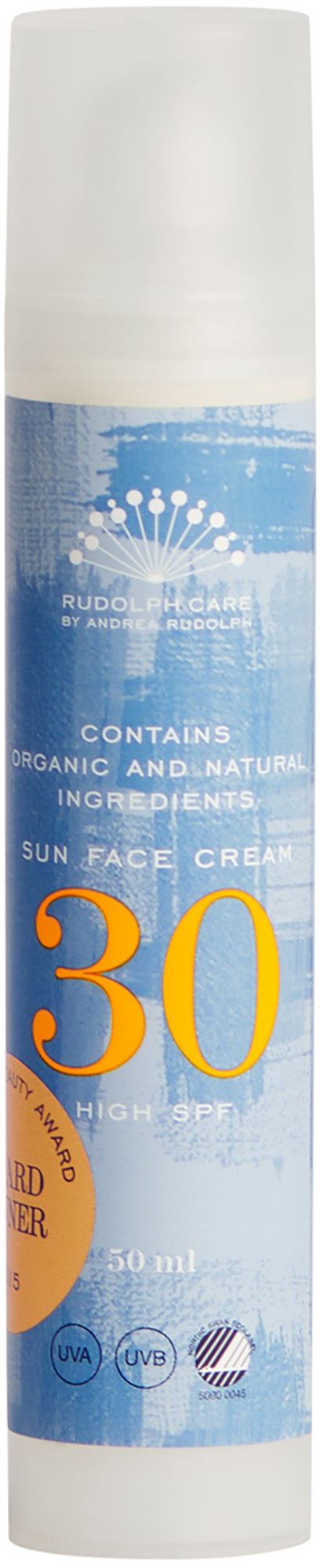 En vit och blå solskyddscremeflaska med SPF 30, innehållande ekologiska ingredienser.