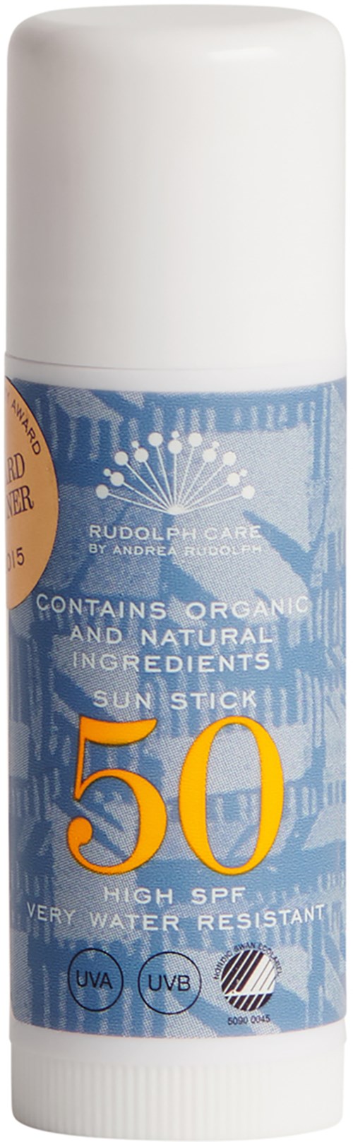 En solskyddsstift med SPF 50, naturliga ingredienser, vattentålig och UV-skyddssymboler.
