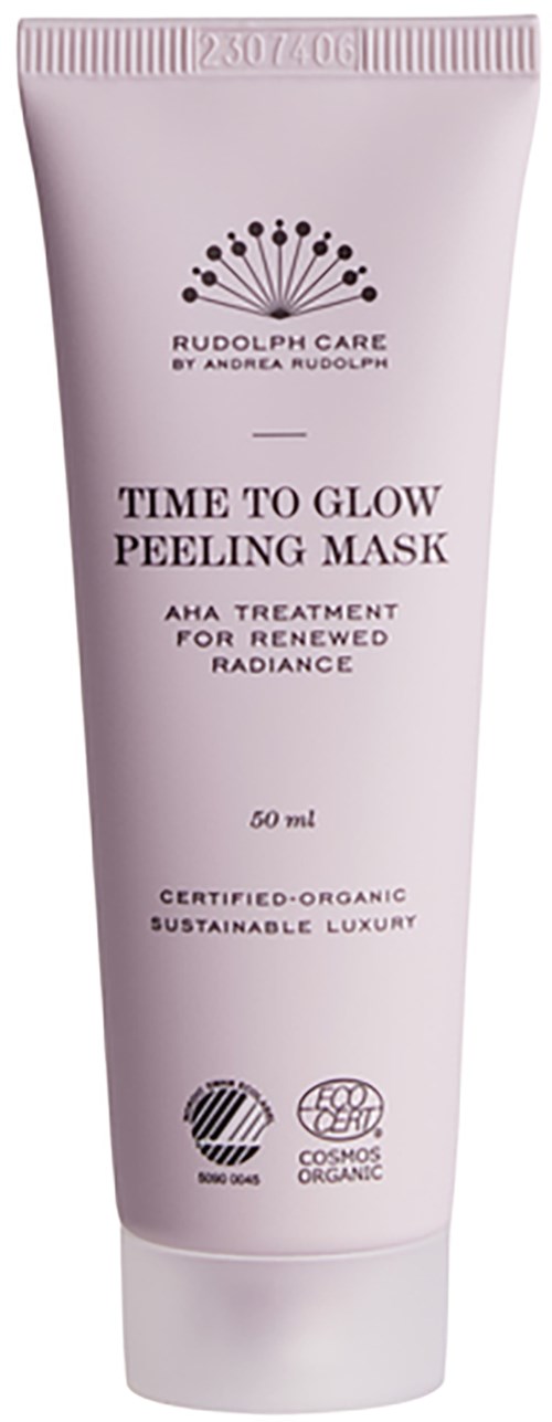En rosa tub med Rudolph Care Time to Glow Peeling Mask med text om ekologiska, cruelty-free och hållbara egenskaper.