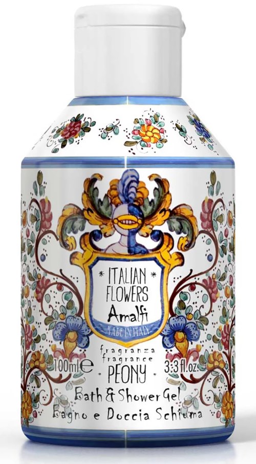 En hvid flaske med farverige blomster og label med 'Italian Flowers Amalfi' til badgelé.