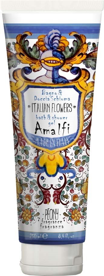 A colorful tube with floral and decorative designs, labeled 'Italian Flowers' bath and shower gel, peony scent.