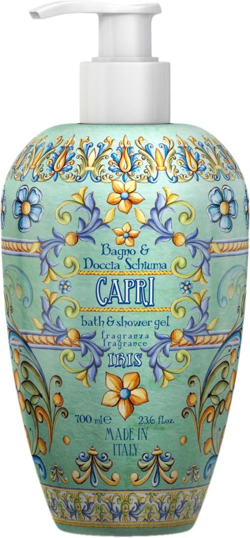 Dekorative Flasche für Bade- und Duschgel mit Blumenmuster, Blau- und Gelbtöne, und weißem Pumpkopf.
