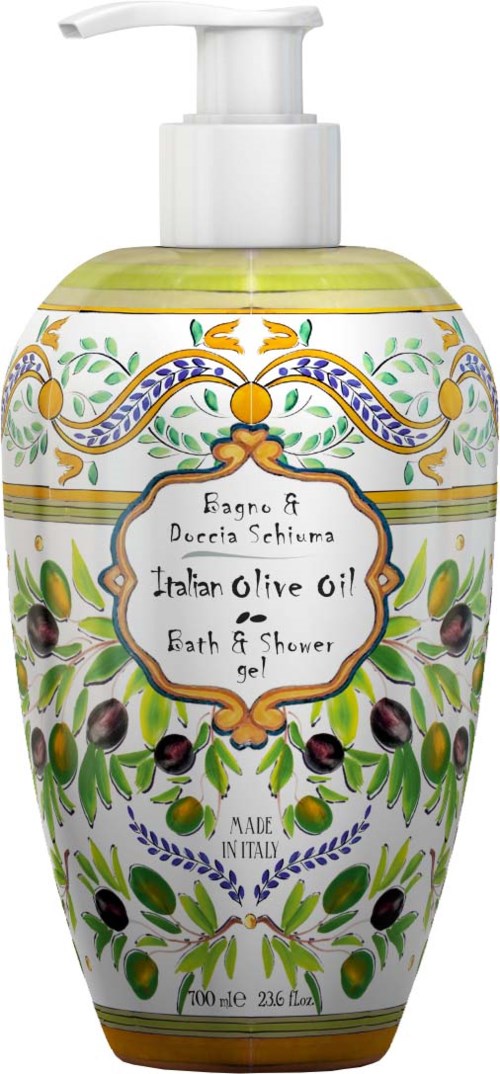 Eine dekorative Flasche mit Bad- und Duschgel, Oliven- und Blumendesign, Beschriftung als italienisches Olivenölprodukt.