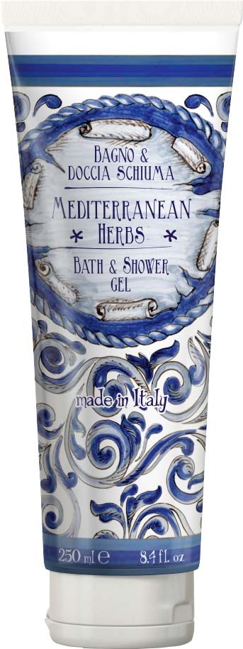 Ett rör med bad- och duschgelen med blå och vit mönster, märkt Mediterranean Herbs, tillverkad i Italien, 250 ml.