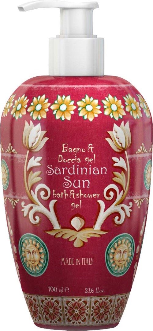 Eine rote Flasche mit weißen Pumpkopf, verziert mit Blumen und beige Designs, beschriftet als Mediterranean Sun Bath- und Duschgel.