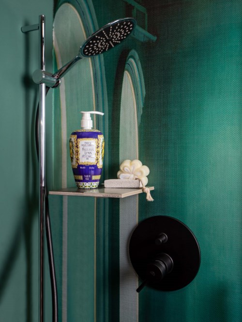 A shower with green walls, a showerhead, bottle of body wash, and a black toilet paper holder.